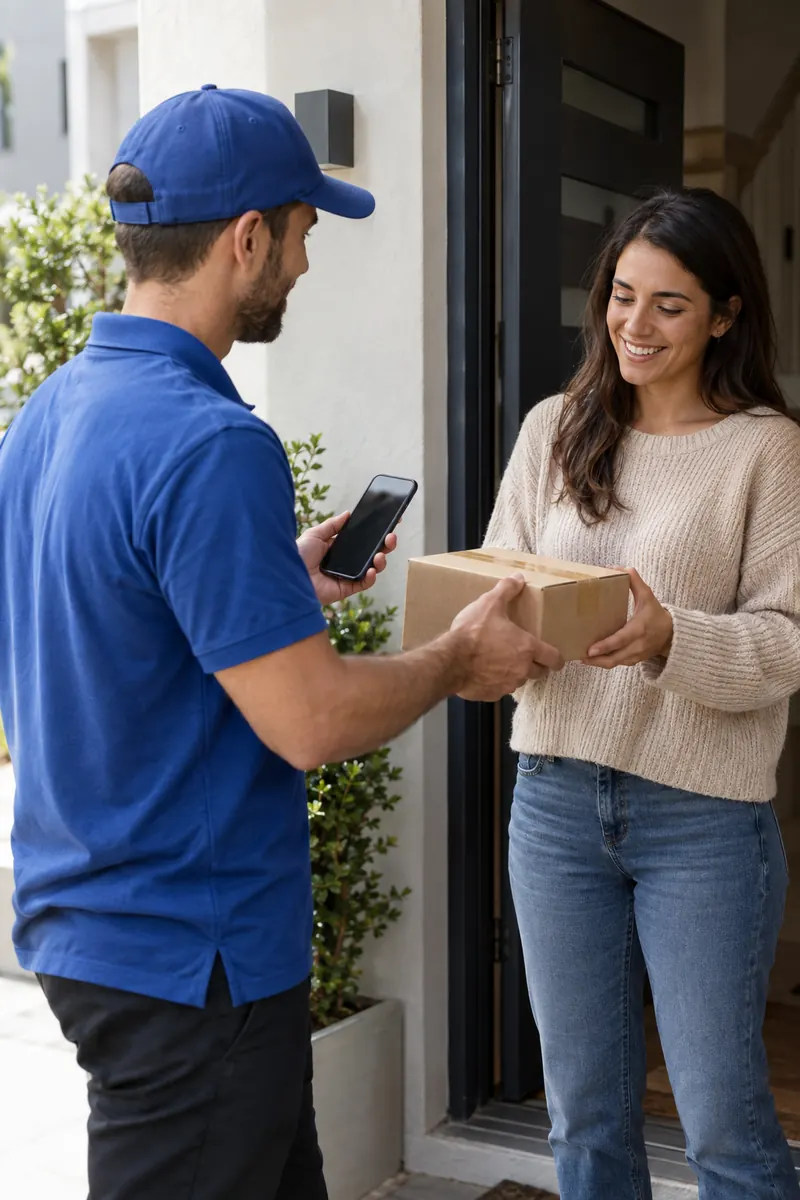 Repartidor entrega un paquete en la puerta de una cliente